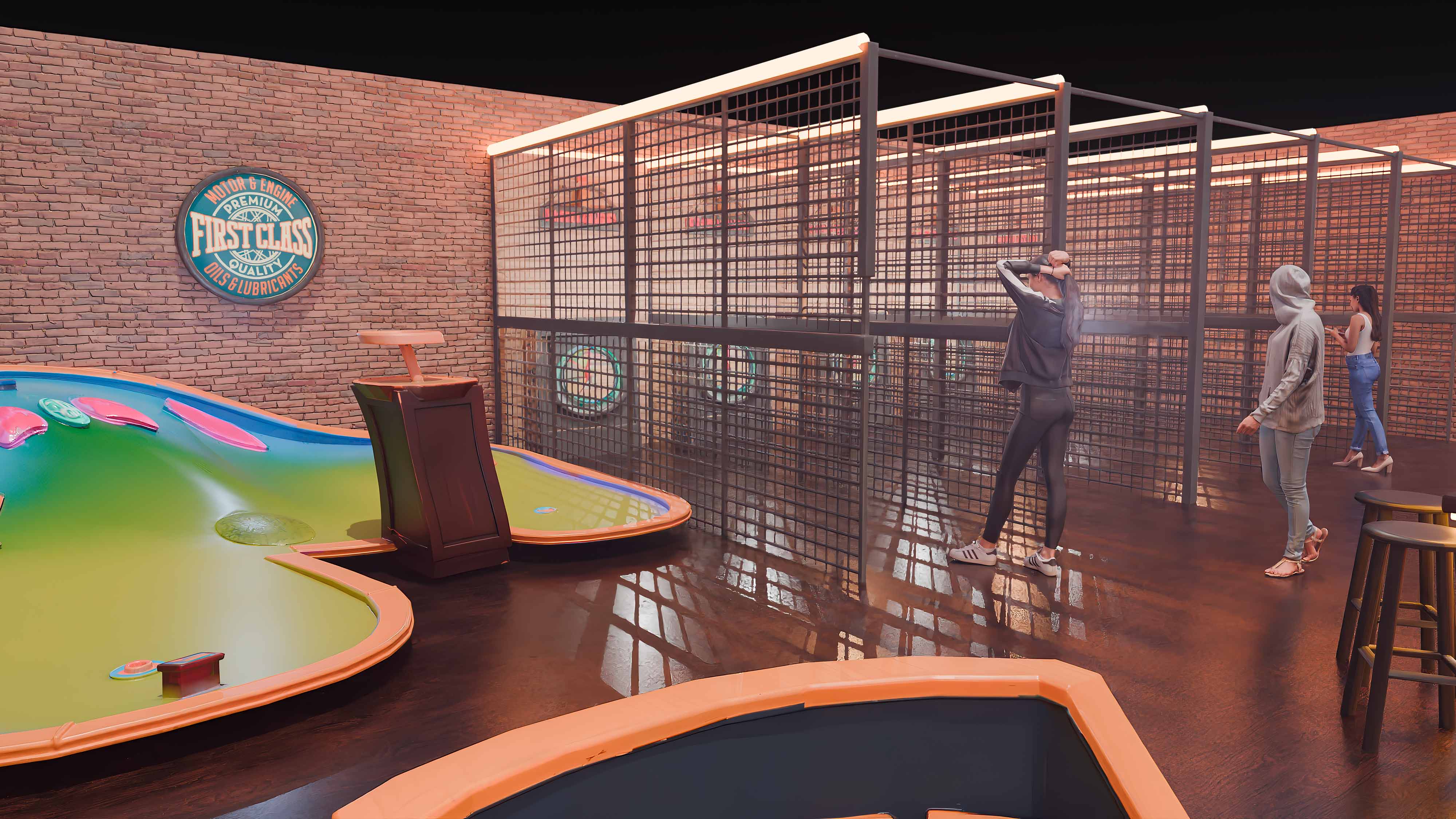 bar with mini golf integration axe throwing bar construction