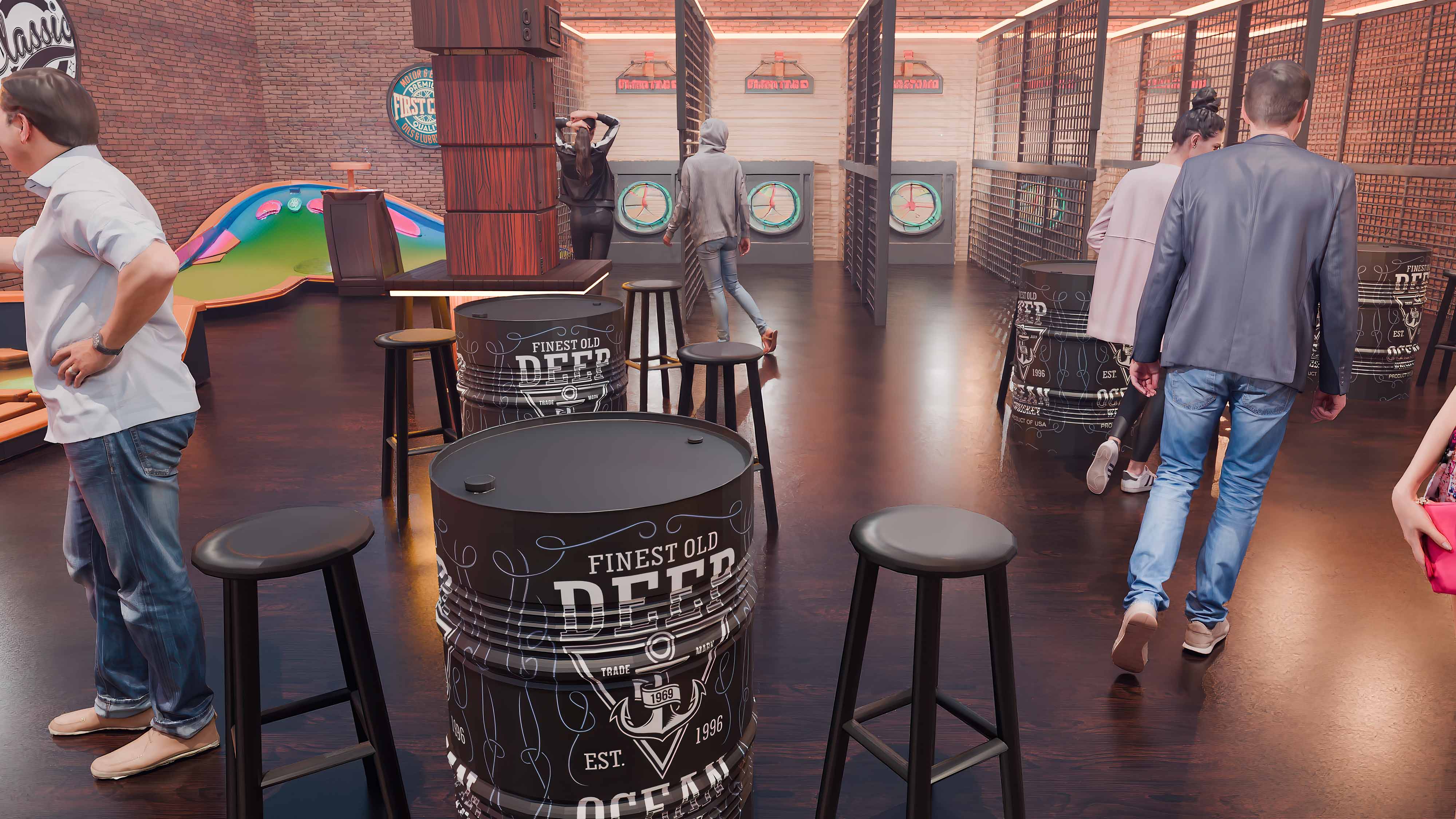 mini golf cocktail bar design interactive axe bar design