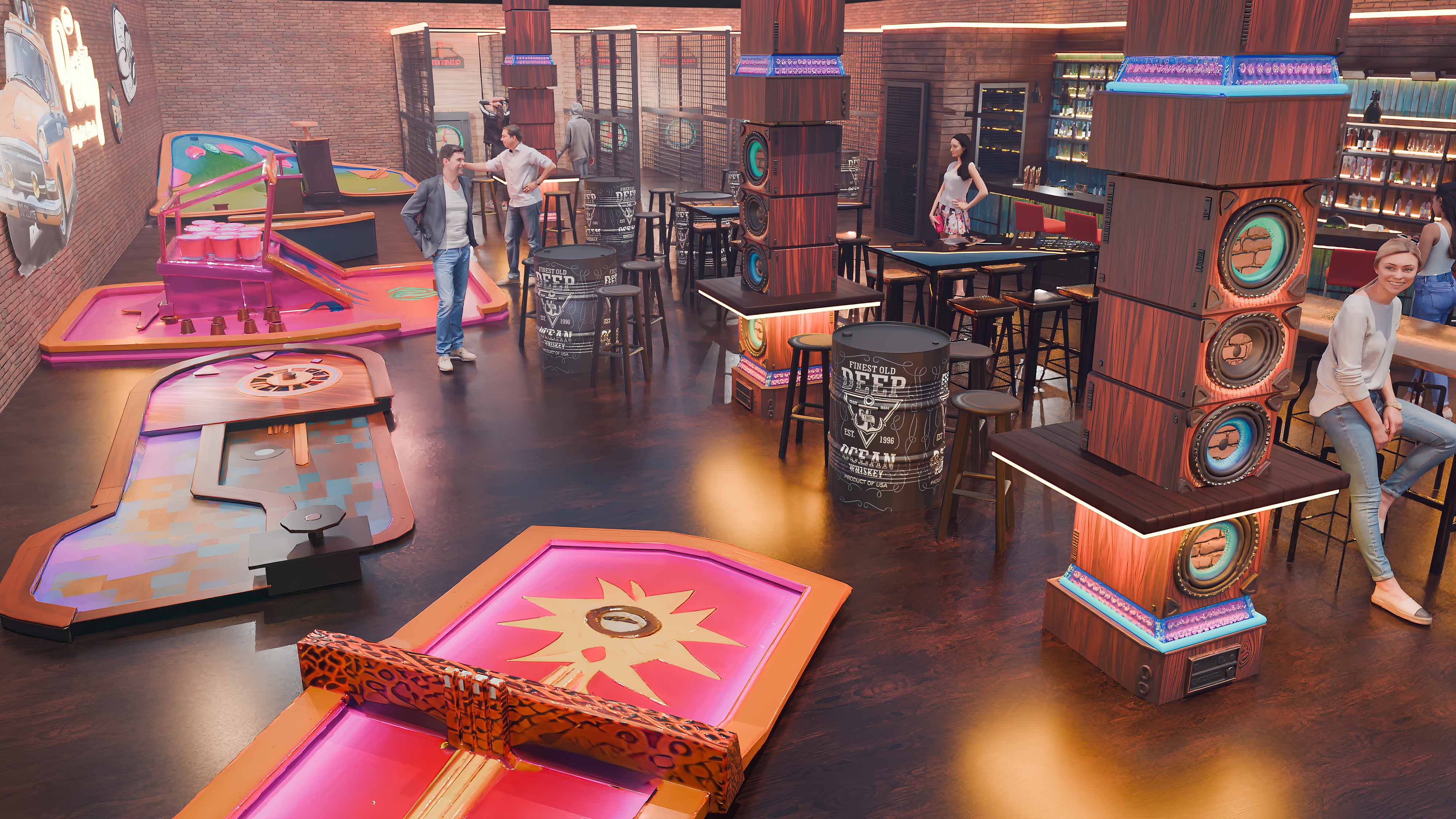 custom axe throwing venue design bar with mini golf integration