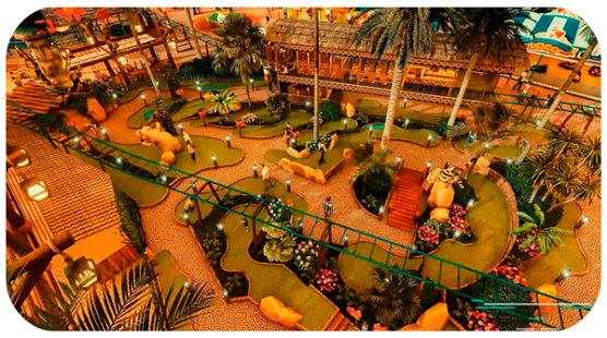 Parque de golf en miniatura con tema familiar de estilo de dibujos animados.